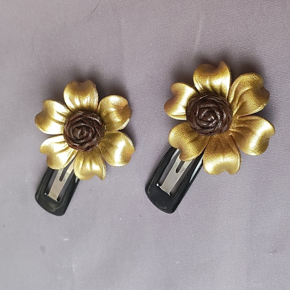 3 Handcrafted gold leather flower barrettes hair clip